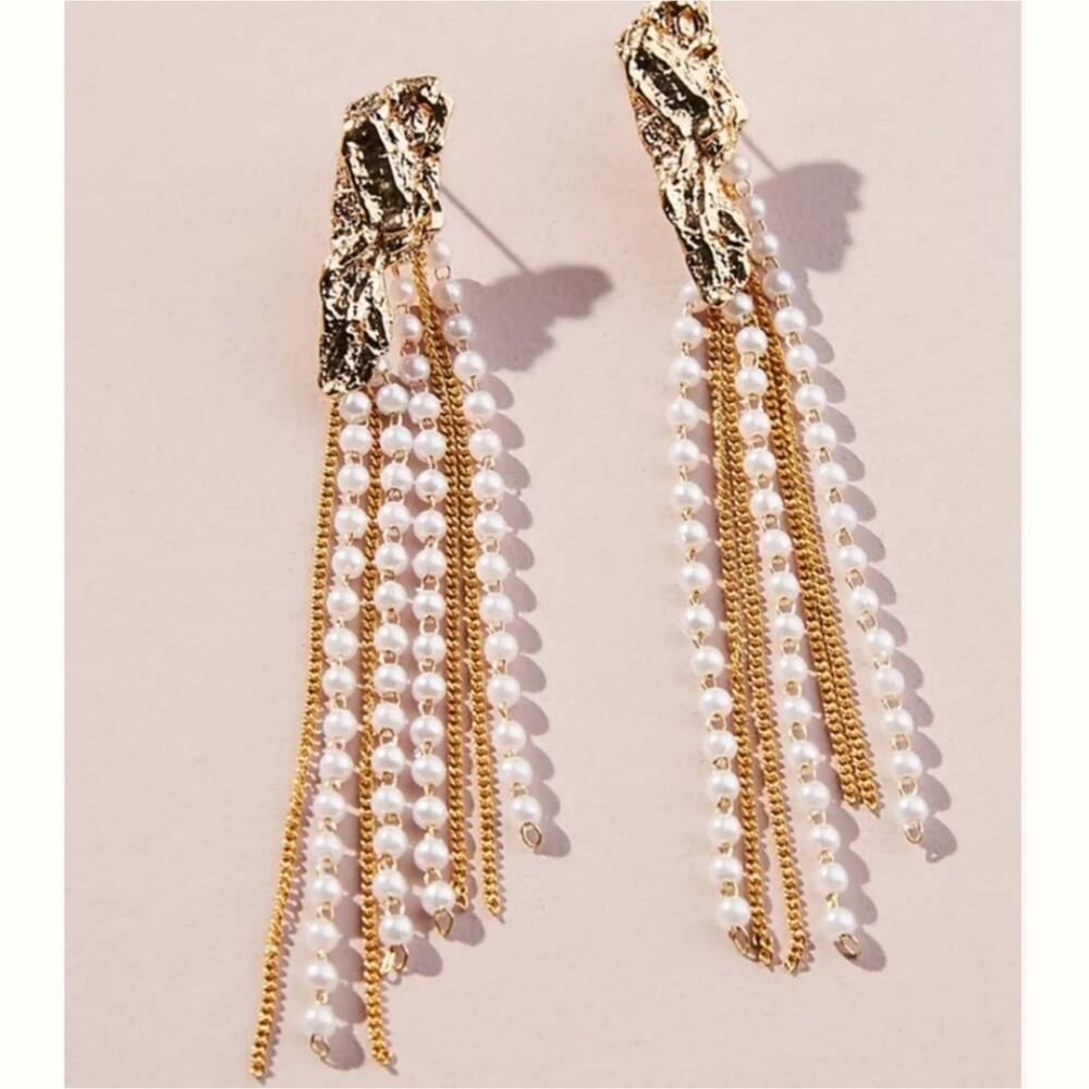 Anthropologie Brass pearl seed and chain drop earrings  NWT Gold plated brass